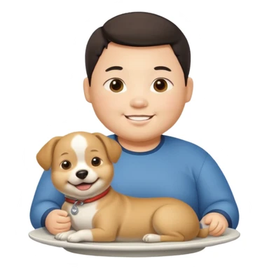 A fat Chinese boy with a dog sitting on his plate  sticker