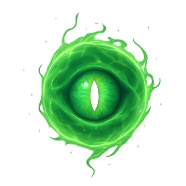 a glowing green energy orb with a prominent eye in the center, magical and mysterious sticker