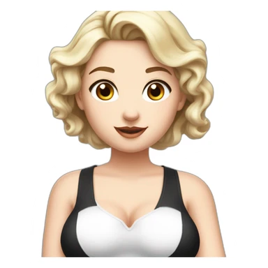 Front view curvy caucasian beauty sitting straight hands up black skirt white knickers white socks sticker