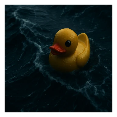Cinematic still, Extreme Closeup shot of Yellow duck toy on ocean during storm, Camera from top, inspired by interstellar sticker