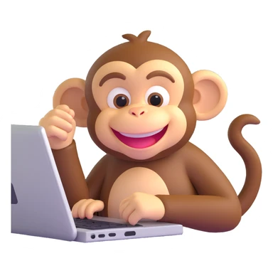playful monkey at a computer, grinning sticker