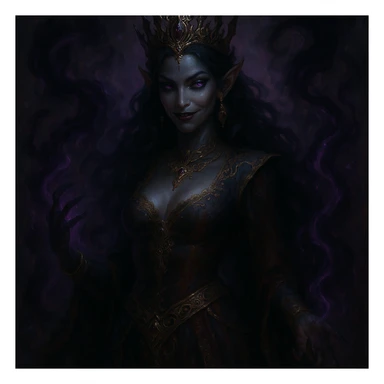 a beautiful but evil jinn queen, dark magical energy, ornate crown, sly smile, luxurious attire, fantasy illustration sticker