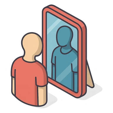 A mirror where the reflected body differs in color or shape, emphasizing inner emotional experiences. Style: 2D Isometric with clear shadows and highlights, transparent background. sticker