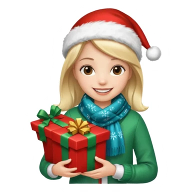 a girl wearing a chirstmas jacket and scarf and holding a christmas gift sticker