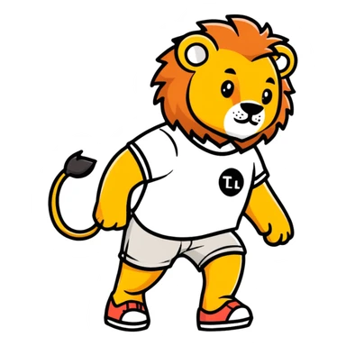 retro 1930s anthropomorphised lion in a t-shirt and shorts walking, black and white sticker