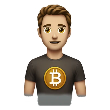 A man with laser eyes, brown hair, with a bitcoin badge on tshirt sticker