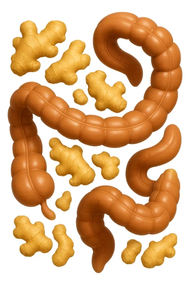 emoji stile iphone 3d di 6 piccoli pezzi di zenzero che fluttuano in aria con pezzi di colon arrotolati intorno, iperrealistico 4k sticker