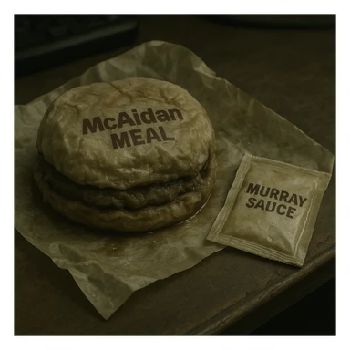 A close-up of a soggy 'Mcaidan' meal and a side of 'Murray Sauce' on a desk, with clear labels on the wrappers. The food looks unappetizing and depressing, emphasizing a gloomy mood. sticker