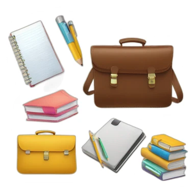 School things in a briefcase. Books, notebooks, pencil case sticker