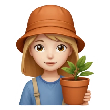 young girl wearing bucket hat, holding a plant pot sticker