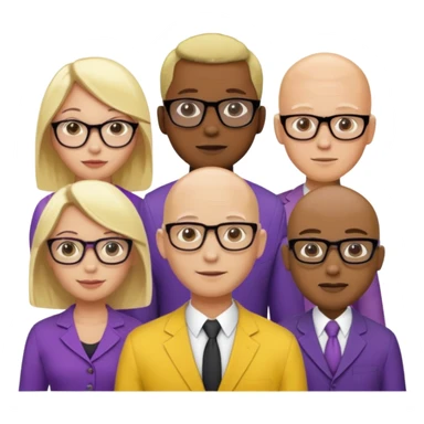 FIVE person team; 2 men and 3 women.  All dressed in yellow or purple.  Women have blonde and ash blonde hair.  1 man is black and bald, 1 man is caucasian and very little hair left.  All have glasses sticker
