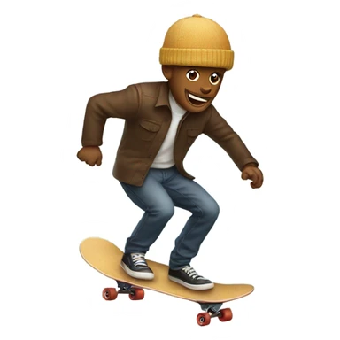 Man riding a skateboard with a pie hat sticker
