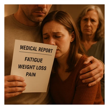 Close-up of the man's hand holding medical reports labeled with symptoms, his other arm gently around his wife's shoulders, the mother-in-law in the background with a doubtful expression. sticker