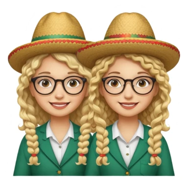 2 blonde girls, one with curly hair and glasses and the other with straight hair and glasses. both wearing Mexican hats sticker