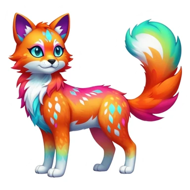Vibrant multicolored neon-colored Falvie-Fionbri-creature-sparkle-feline-canine-hybrid-fursona, full body, fur pattern-markings sticker