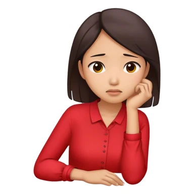 Asian woman wearing red blouse feeling worried while resting her chin on her right hand sticker