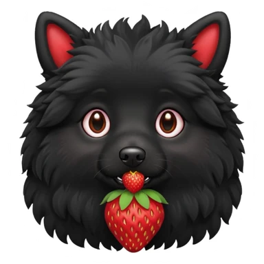 A black fluffy dog with a strawberry sticker