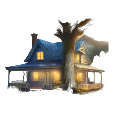  very very big Cabin near a big tree.  Thick moss growing on the roofs. grass fields. porch lights turned off. bright white interior lights turned off. guests sitting in chairs on the porch, flowers and bushes are yellow and blue. sticker