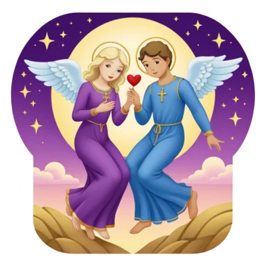 The Lovers tarot card emoji, inspired by Rider Waite Smith deck, two figures with angel above, concise, colorful sticker