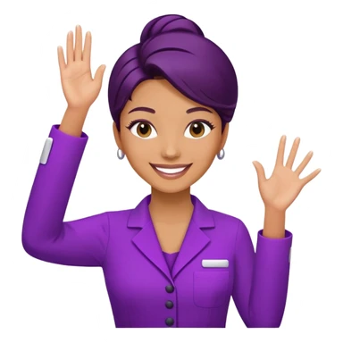 Woman cosmetologist in purple salon uniform with hand raised, smiling sticker