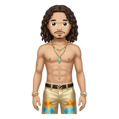 Bizzy Bone with long dark brown hair, light tan skin, shirtless with necklace, metallic cream pants sticker