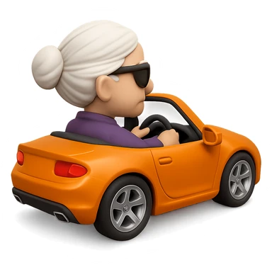 Show the old lady with white hair in the orange sports car from a rear angle, in 3D emoji style, realistic, wearing sunglasses, no background. The style should resemble Microsoft style 3D fluent emojis with realistic details and no background. sticker
