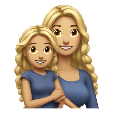An emoji of a blonde mother with long hair, standing next to her 3-year-old daughter with black braided hair, both smiling sticker