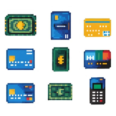 pixel art icons of payment methods: credit card, cash, mobile pay, contactless sticker