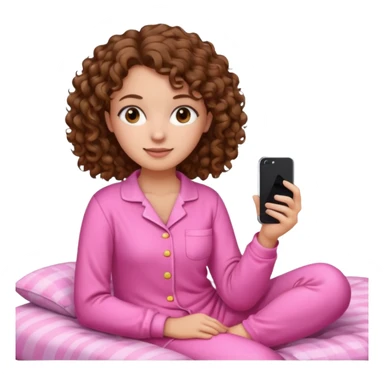 young woman with curly brown hair wearing pink pajamas, iPhone emoji style sticker