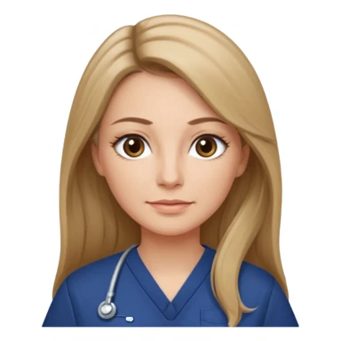 middle aged woman with long, straight light brown / dark blonde hair, grey eyes, winged eyeliner, natural makeup, wearing navy blue scrub top sticker