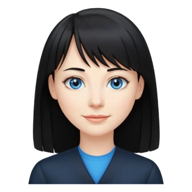 40 yr old woman long straight black hair, pale skin, blue eyes, black clothes, small smile, bangs sticker