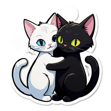 Black cat and white cat hug each other  sticker