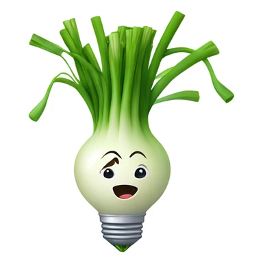 Smiling green onion with a bundle of long, thin green stalks as hair, big expressive eyes, and a cheerful cartoonish face on the white bulb section. Vibrant and playful design. sticker