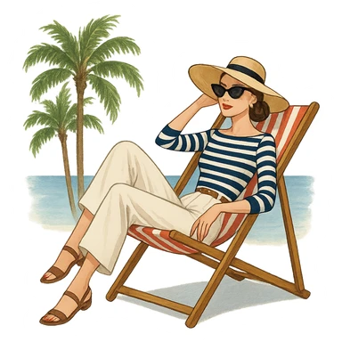 stylish girl in Riviera fashion, lounging on a deck chair with palm trees and sea in the background sticker