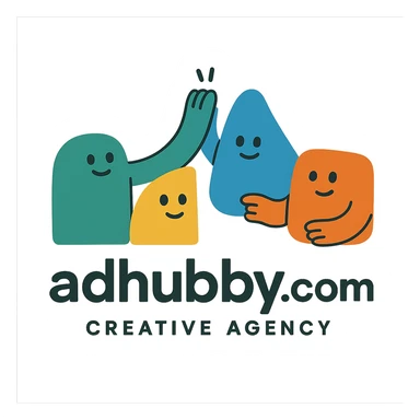 Logo for adhubby.com, creative agency, four founders, collaborative theme, colorful, approachable, includes abstract shapes or mascots, conveys helpfulness for small businesses sticker