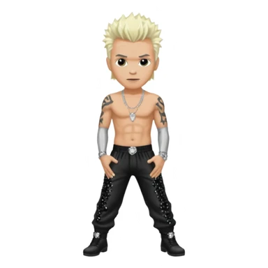 Billy Idol with platinum blonde hair, black sequin baggy pants, shirtless with necklace sticker
