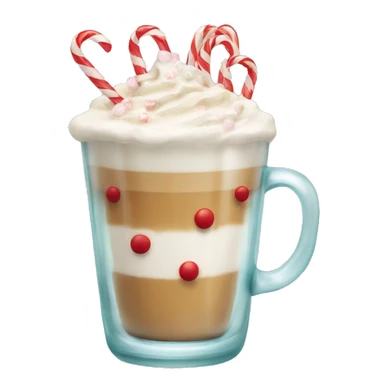 A glass with latte inside with small candy canes ornaments on the glass sticker