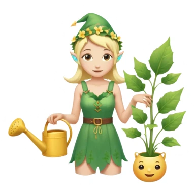 elf female tending to glowing beach plants, floral sundress, watering can or magic light, pointy ears, gentle smile, centered emoji, pastel magic sticker