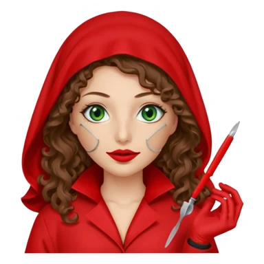 Lilith symbol sexy evil woman. She has green eyes.  had brown long curly hair.  evil surgeon kills with scalpel wears red sexy doctor coat with red mouth cover red gloves. Covers nose, neck  and mouth with Muslim red berka sticker