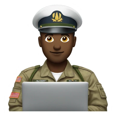 white software engineer in military uniform in front of laptop sticker