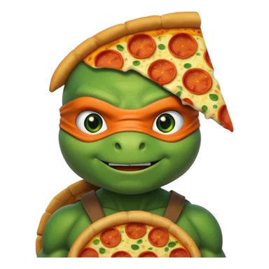 Michelangelo from Teenage Mutant Ninja Turtles, emoji style, head only, cute minimalistic style, with a pizza slice sticker