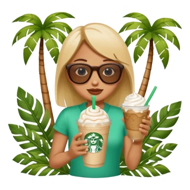 Starbucks summer with cold frappuccino, sunglasses, palm leaves, playful emoji style sticker