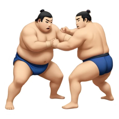 Two sumo wrestlers in a classic dohyo ring, each displaying powerful stances and ready to engage in a fierce match. One wrestler attempts a pushing attack, while the other counters with a thrust. The background shows the traditional sumo arena and spectators. Transparent background. sticker