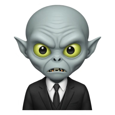 an old alien with black suit, grey skin, angry sticker