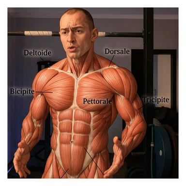 Highlight the muscle fibers of the man's body in the reference photo in a realistic anatomical style, maintaining the original pose and expression. Add labels in Italian for the main muscles: pettorale, bicipite, tricipite, deltoide, trapezio, dorsale, addome. sticker