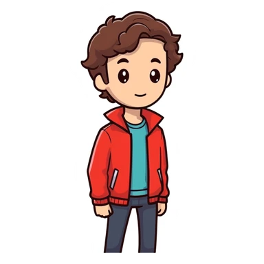 Homem de cabelo castanho ondulado usando uma jaqueta vermelha sticker