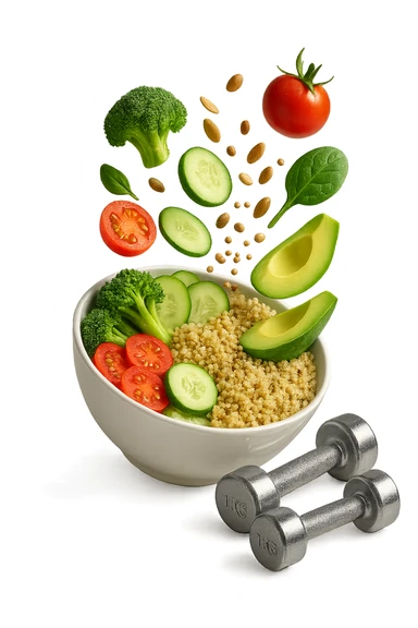 bowl bianca con cibo sano che cade dall'alto insieme a piccoli manubri da palestra in 3d, iperrealistica 4k sticker