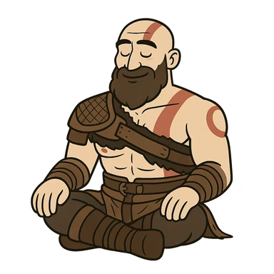 Kratos, God of War, sitting calmly with a peaceful expression, stylized cartoon sticker