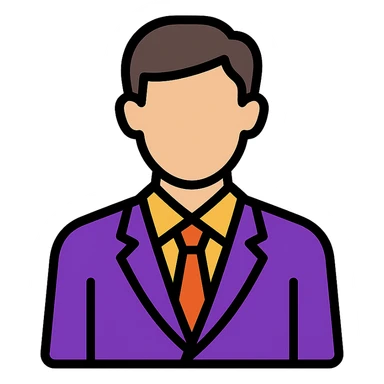 guy in a purple suit, modern look, color outline icon style, black outlines, vibrant colors sticker