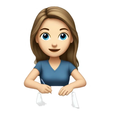 white girl studying at a white desk, brown hair, blue eyes, computer sticker